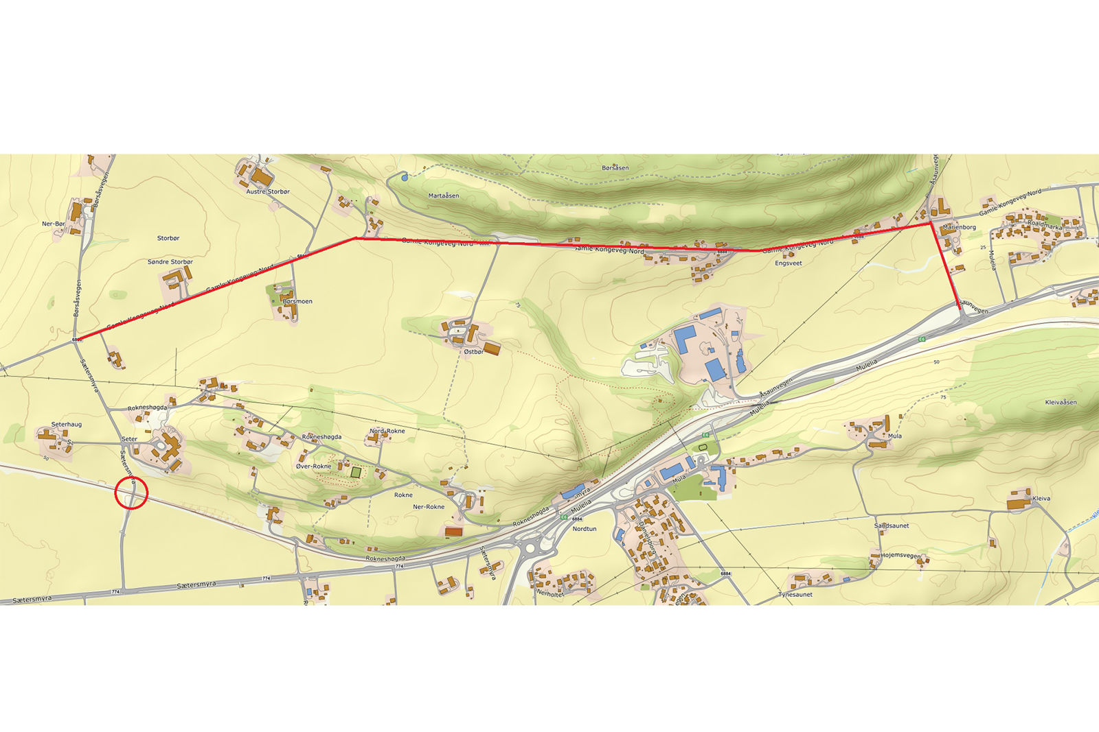 Kartutsnitt som viser endret kjøremønster på Østborg i Levanger kommune