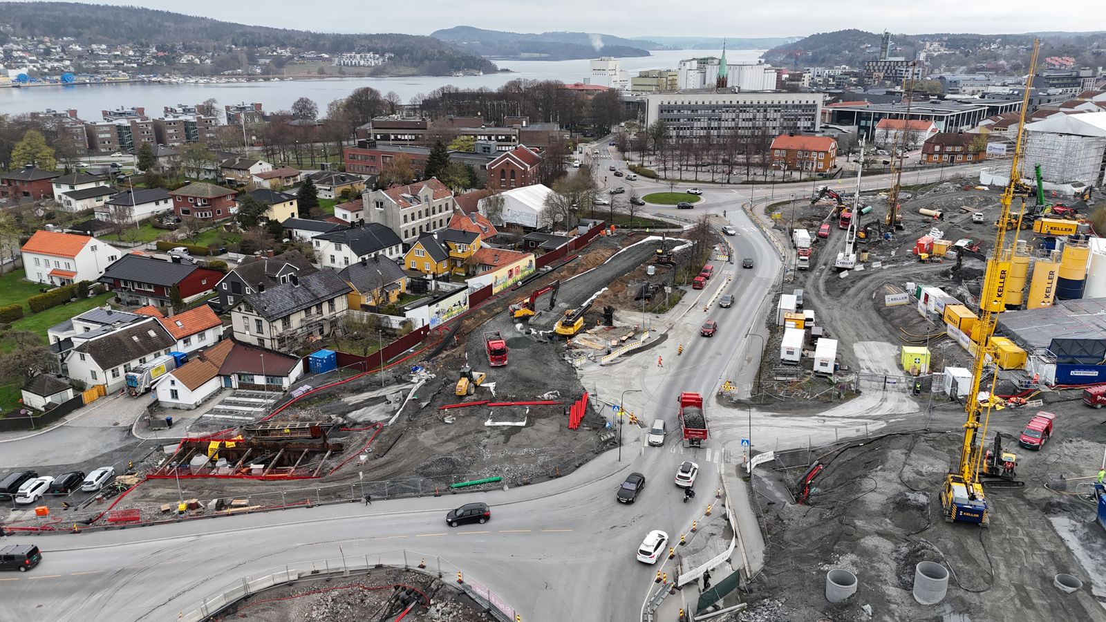 Dronefoto som Kransen og omlagt vei.