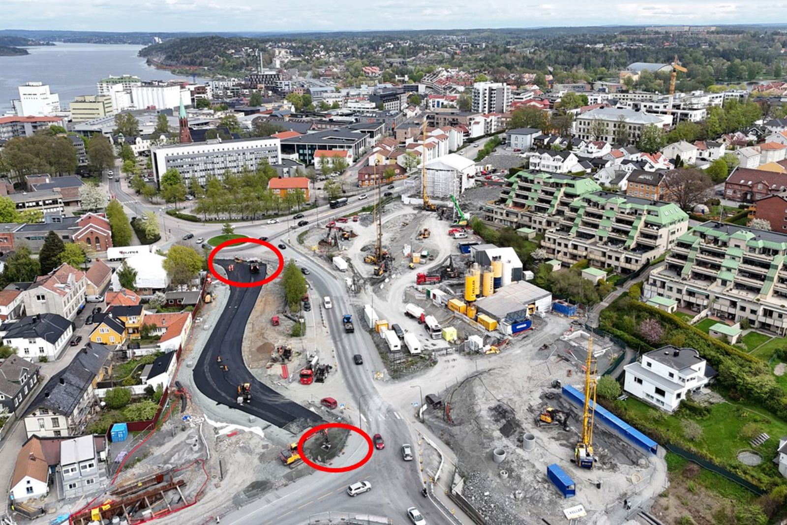 Dronefoto som viser omlagt vei.