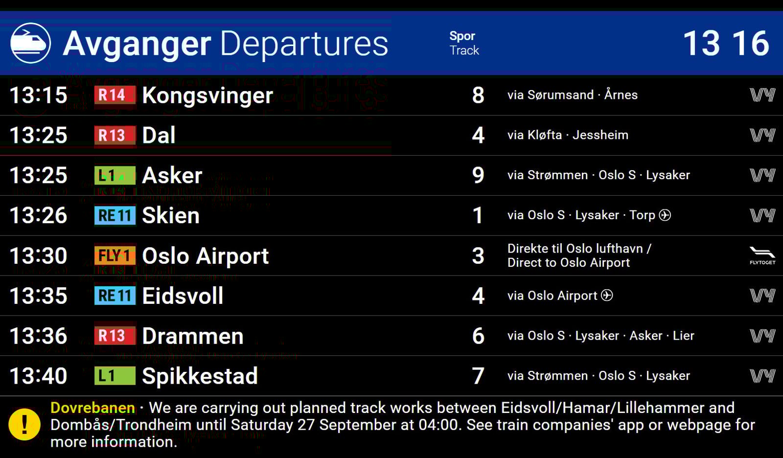 Eksempel på oversikt over togavganger.