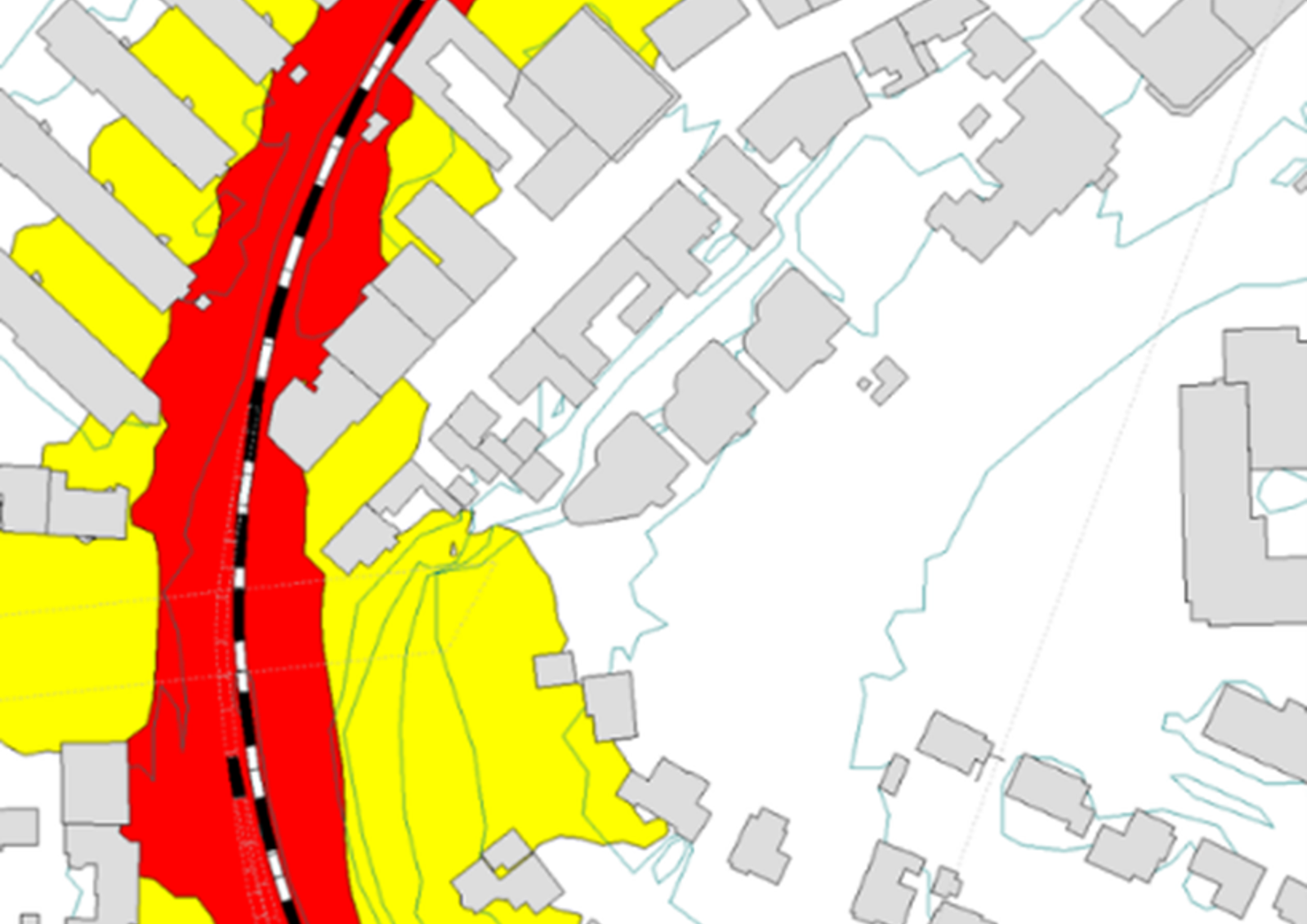 Støysonekart som er inndelt i røde og gule soner.