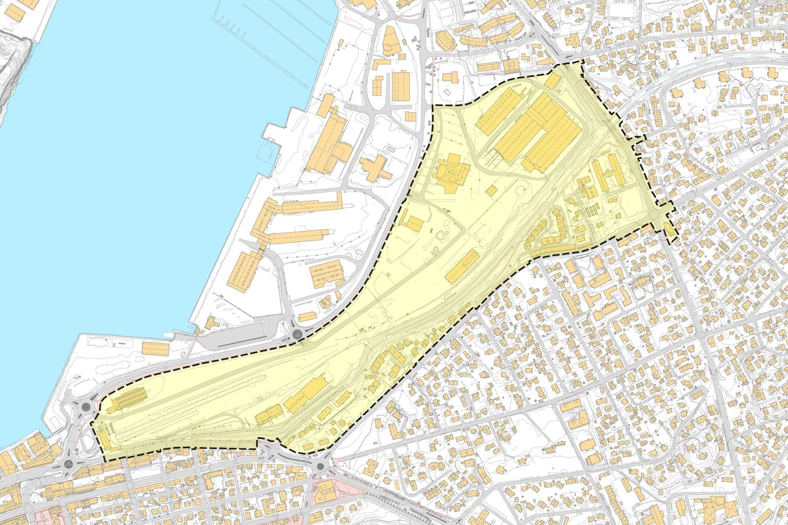 Kart som viser område for detaljregulering av Bodø stasjon og Bodø godsterminal.