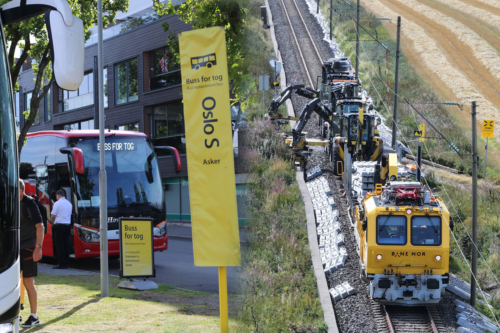 Bildemontasje av busser og buss for tog-skilt, samt maskiner i arbeid med svillebytte.