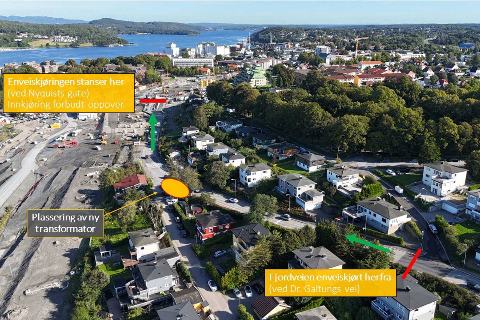 Dronebilde som viser hvilken del av Fjordveien som blir enveiskjørt.