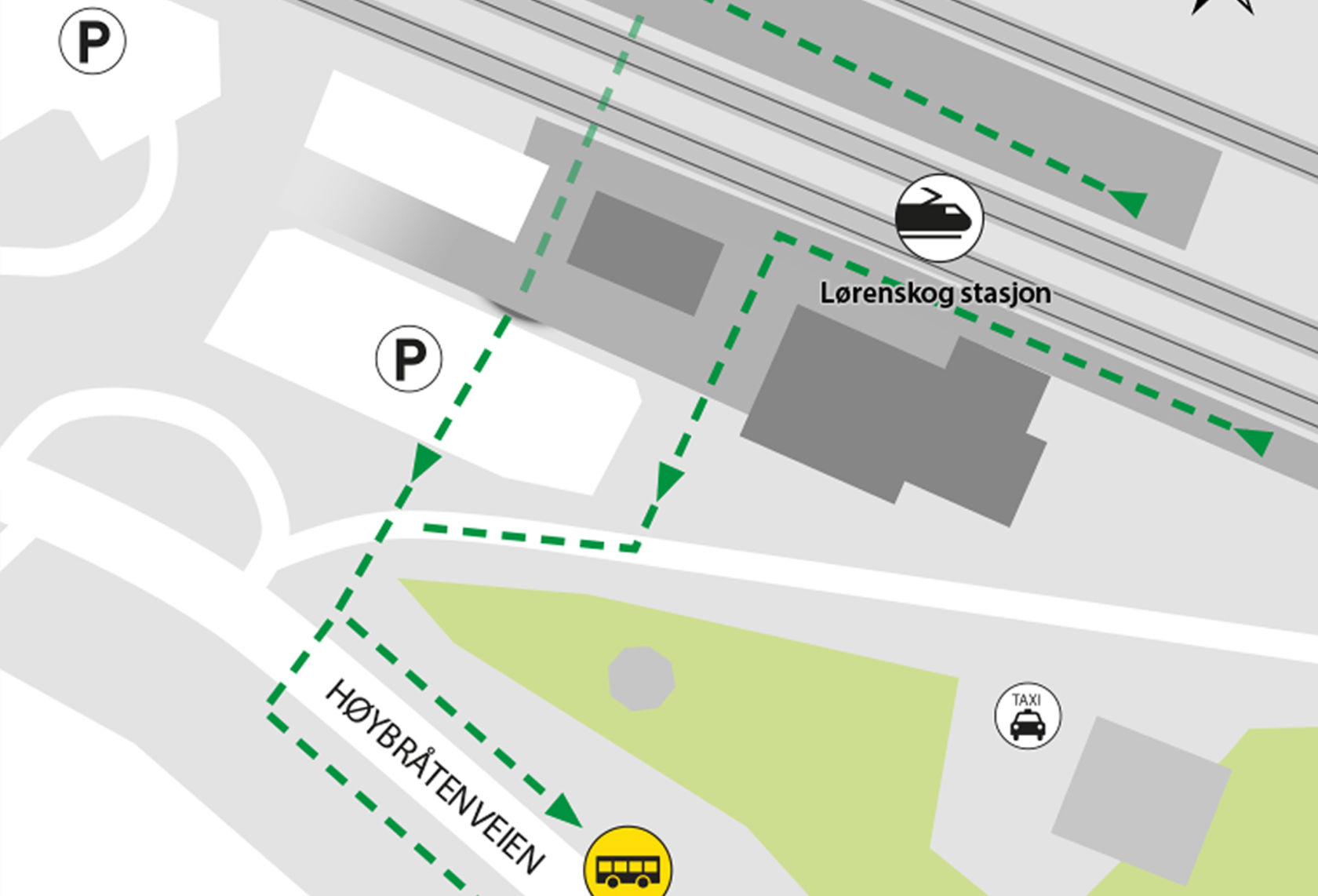 Map shows rail replacement service departs from Lørenskog station bus stops