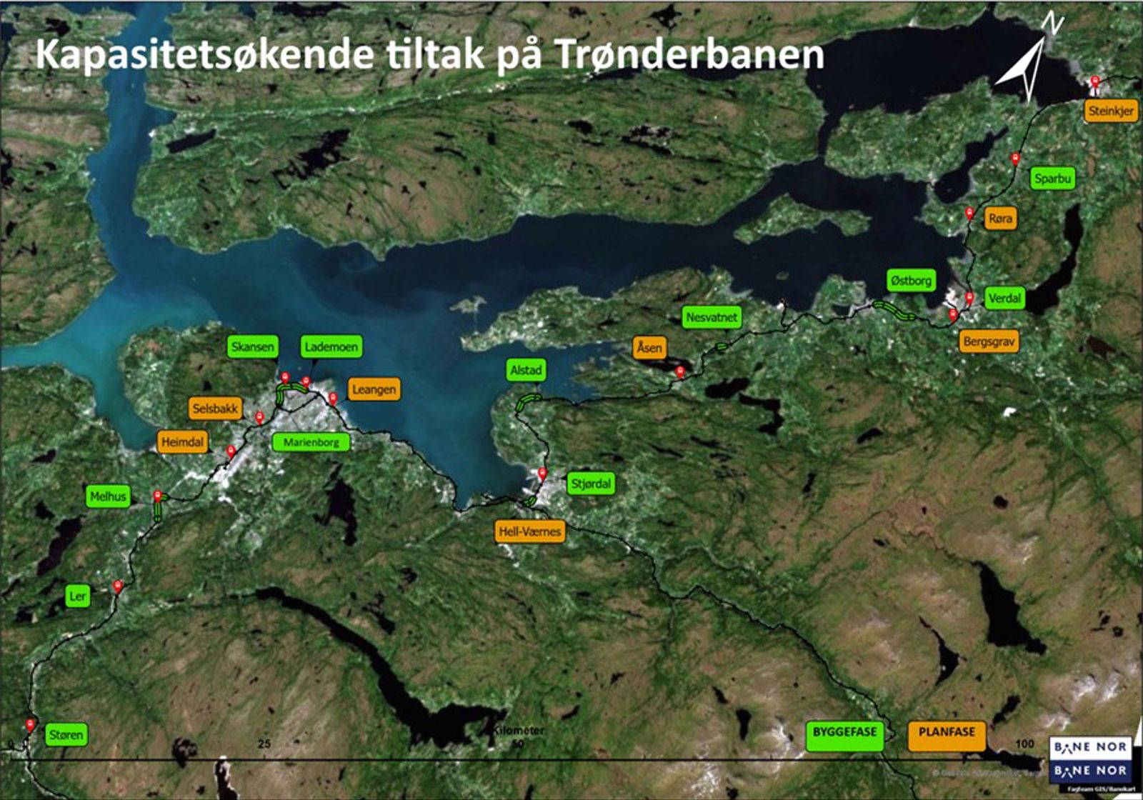 Kart med alle prosjekter som skal gjennomføres i prosjektet KTT