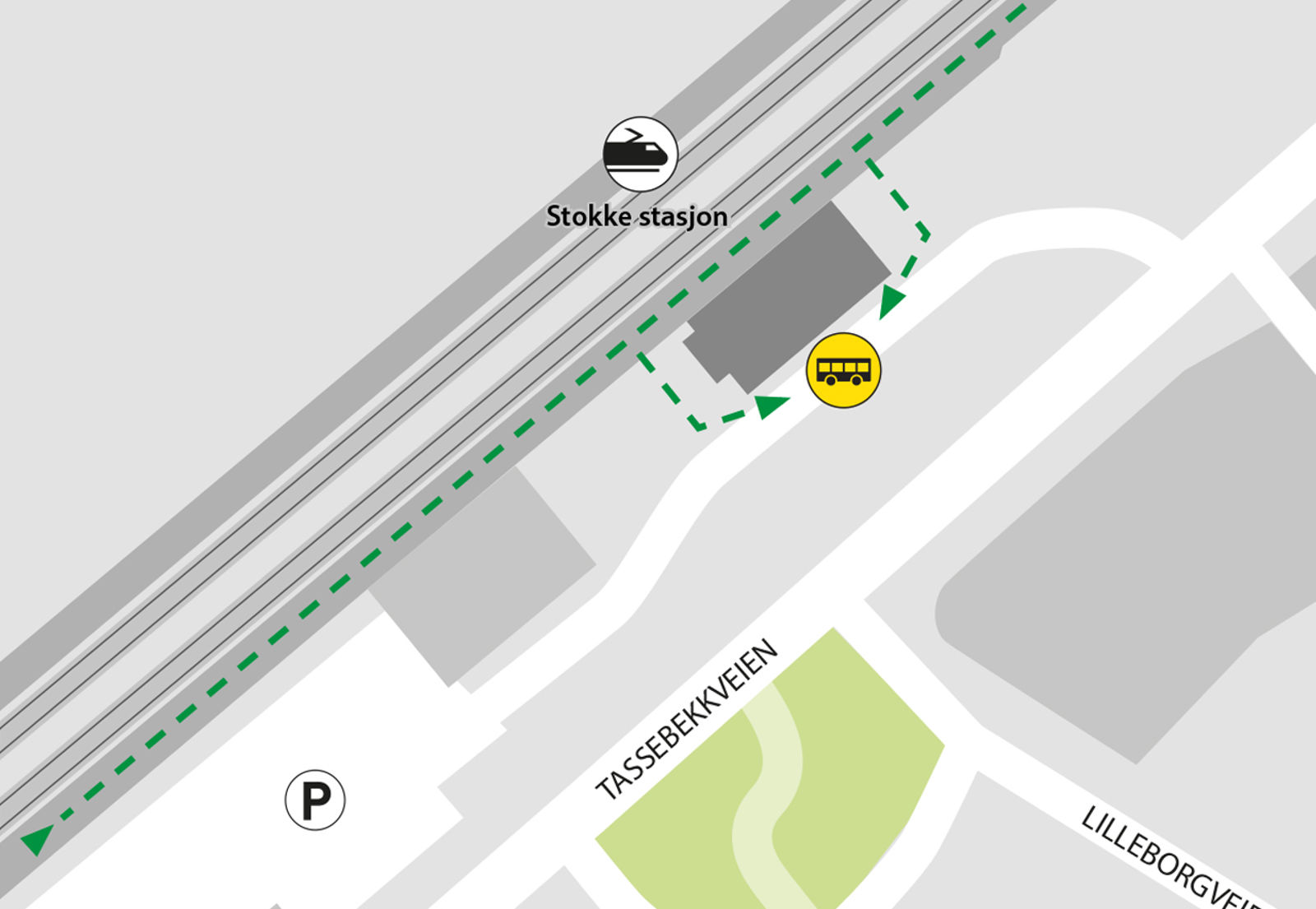 Kartet viser at bussene kjører fra området foran stasjonsbygget.